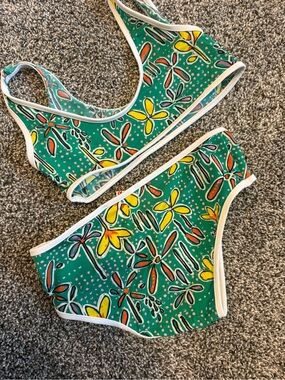 Marni Teal Floral Print Bikini Top with Yellow and Orange Accents